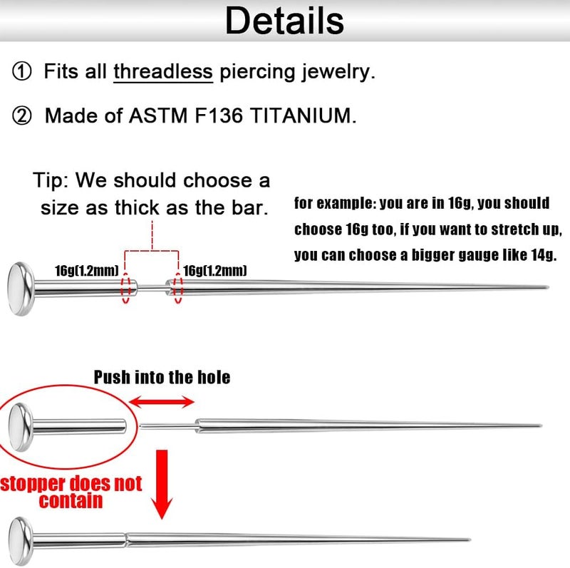 PunkTracker 14g/16g/18g/20g ASTM F136 Titanium Piercing Kit Taper Insertion Pin for Threadless Push In Tragus Helix Lip Nose Helix Piercing Jewelry Cartilage Earrings Labret Studs Nose Stud Stretcher - Image 4